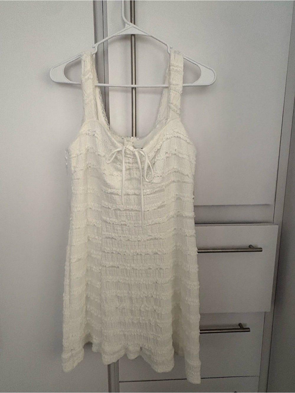 Crystal Doll Cream Textured Tie-Front Mini Dress